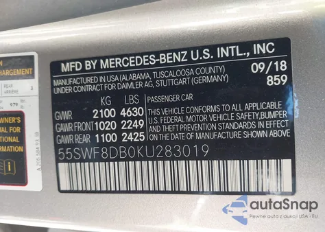 2019 Mercedes-Benz C 300 z USA, uszkodzony, nr VIN 55SWF8DB0KU283019